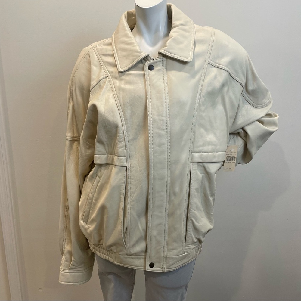 Cream Leather Bomber Jacket - Women